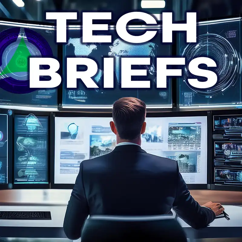 TECH BRIEFS title over an image of a lawyer reviewing technical data on monitors