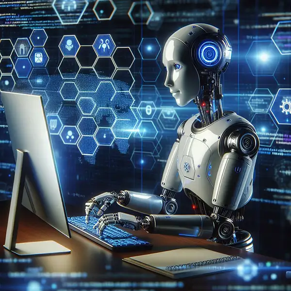 AI robot typing at computer